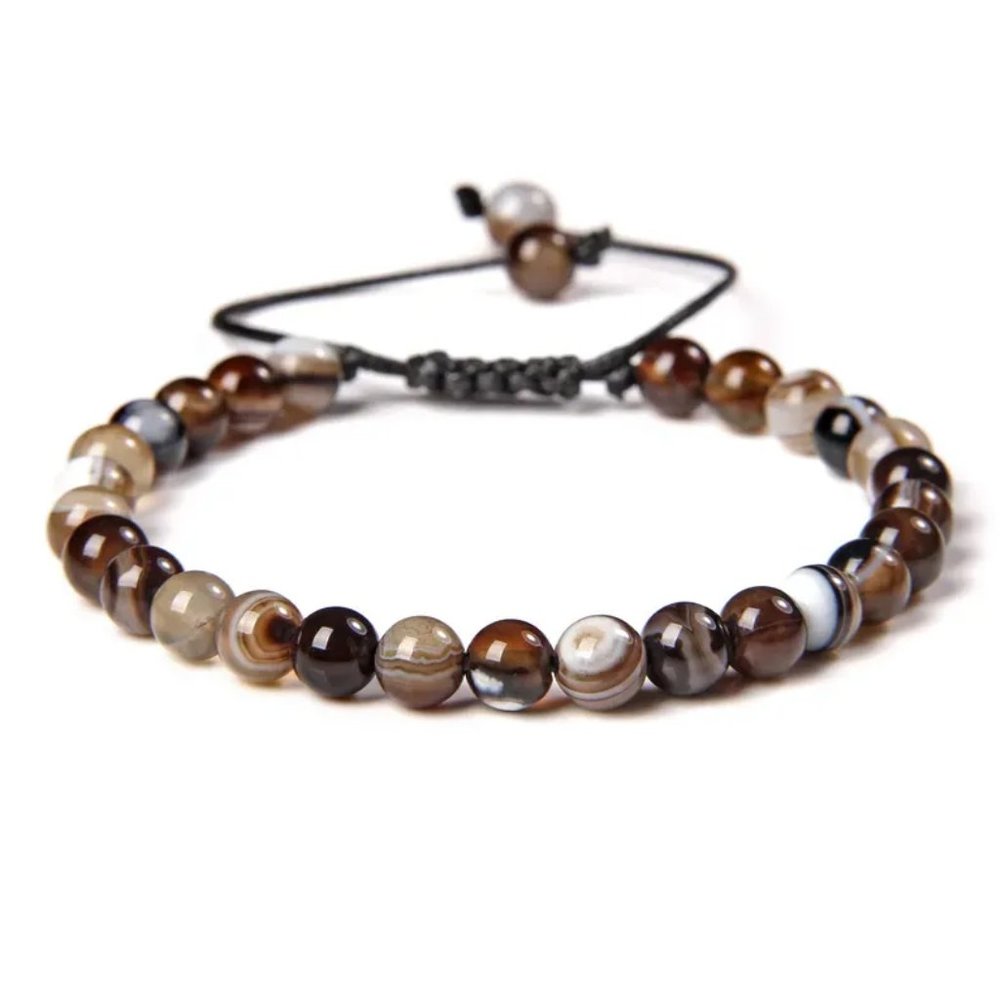 Unisex 6mm Dark Coffee Striped Agate Natural Stone Beaded Rope Bracelet NEW
